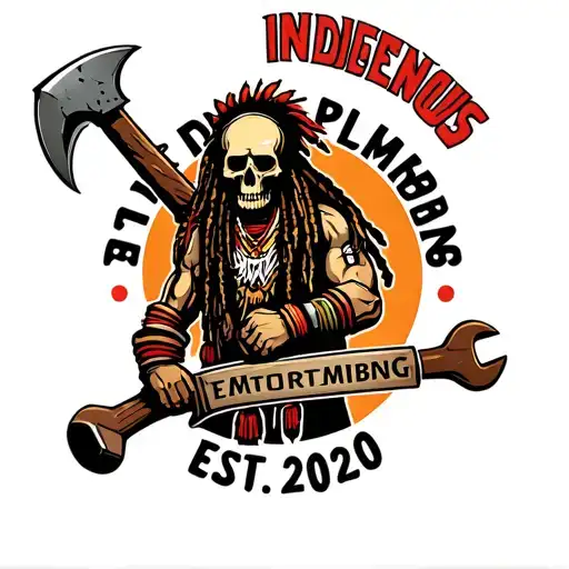 "INDIGENOUS PLUMBING EST.2020" skull dreadlock Native American warrior holding wrench with axe tattoo design idea