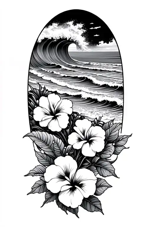 ocean waves beach with small hibiscus flowers bottom tattoo design idea