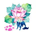 Lotus with leafs and a cat with cat paws and a dog with dog paws connected tattoo design idea