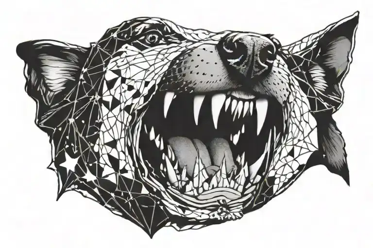 A dog's underbite, teeth only, with the Argo ship and constellations or geometric tattoo design idea