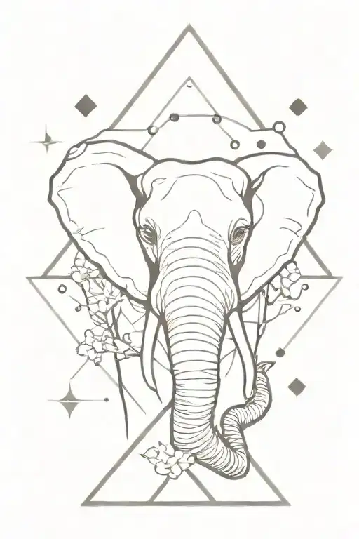 male African elephant head with triangle behind and dots and Japanese Sakura  tattoo design idea