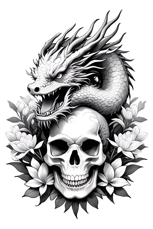 a Chinese dragon wrapped around a skull surrounded by hyacinth flowers tattoo design idea