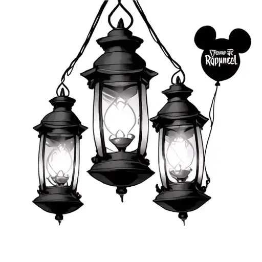 Three lanterns from Rapunzel the first lantern has a Mickey balloon in it. The second lantern has the Rapunzel son logo  tattoo design idea