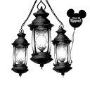 Three lanterns from Rapunzel the first lantern has a Mickey balloon in it. The second lantern has the Rapunzel son logo  tattoo design idea