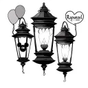 Three lanterns from Rapunzel the first lantern has a Mickey balloon in it. The second lantern has the Rapunzel son logo  tattoo design idea