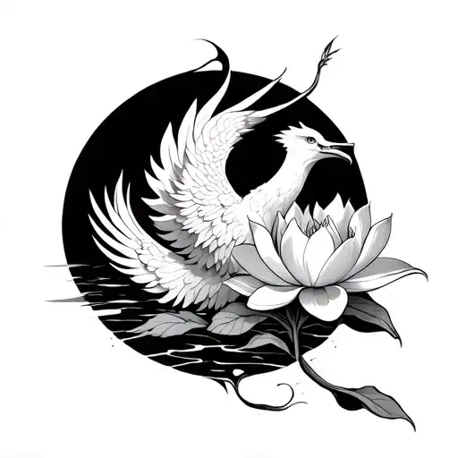 Phoenix Rising From Lotus holding a calla lily tattoo design idea