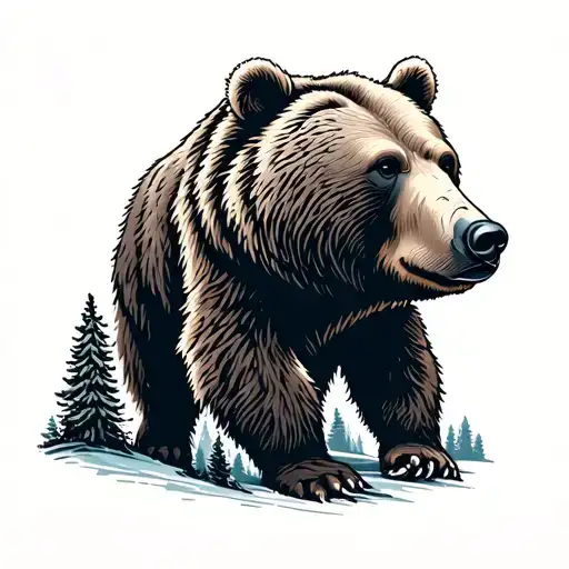grizzly bear made from pine trees and mountain range tattoo design idea