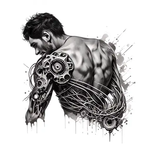A bionic shoulder tattoo with gears, wires, hydraulics that goes 1/3 the way down the arm and over back shoulder tattoo design idea