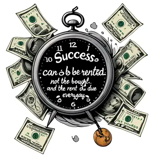 "success can be rented, not bought. and the rent is due everyday" with a clock and money surrounding it tattoo design idea