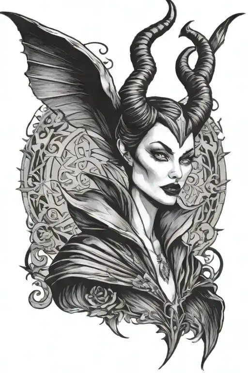 Maleficent tattoo with long horns like maleficent in the movie. She has white eyes with tattoo design idea