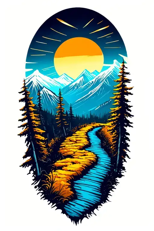 Vertical Mountain Path Scene sun rising tattoo design idea