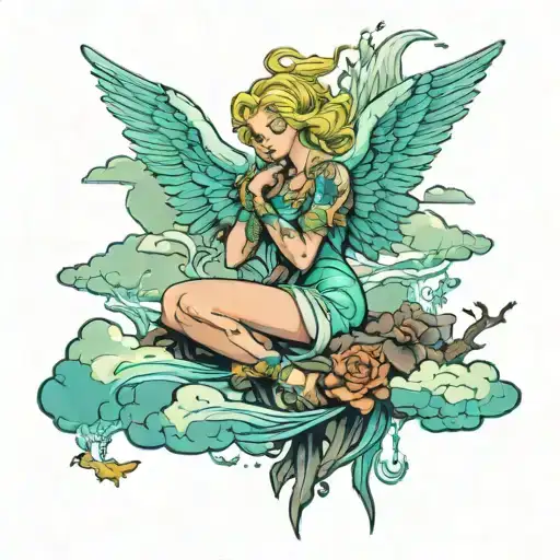 aurora storm clouds reef and an angel sitting on it tattoo design idea