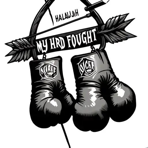 bow and arrow and at the flight of the arrow a boxing gloves hanging on a lice with a saying my hard fought hallaujah  tattoo design idea
