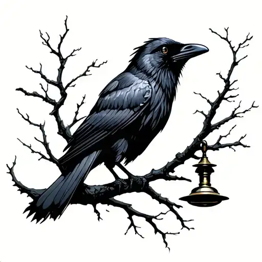 Crow holding oil lamp in tree tattoo design idea