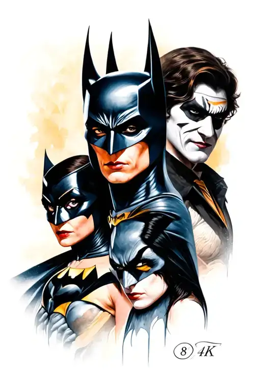 A realistic portrait-style tattoo featuring Batman, Catwoman, Two-Face, and Penguin  tattoo design idea