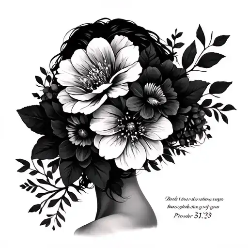 Women's silhouette with flowers that hide the face, with the proverb verse 31:29 tattoo design idea
