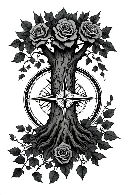 tree and compass and ivy and rose tattoo design idea