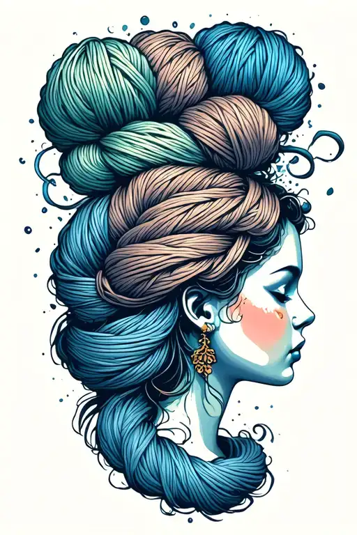 female face side profile with yarn exploding from top of head depicting tangled thoughts  tattoo design idea