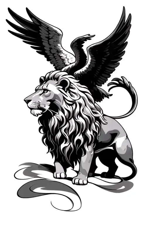 Tattoo design representing faith in God, with a powerful angel or a lion as the main symbol. Black and grey style, reali tattoo design idea