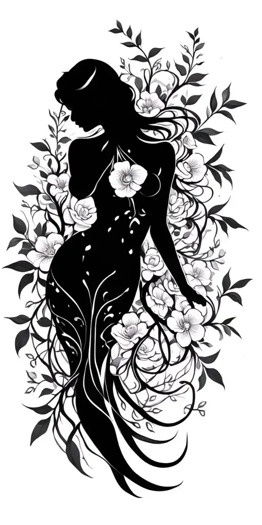 sensual woman full body silhouette intertwined with vines and flowers loosely  tattoo design idea