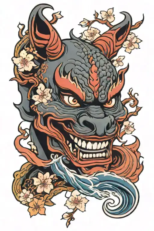 hannya mask, cherry blossom, wave, koi, phoenix sleeve tattoo tattoo design idea