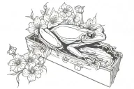 Symmetrical tree frog skeleton inside coffin outline surrounded by flowers tattoo design idea