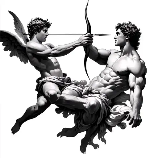 a teen cupid shoots an arrow in a muscular man. Both are in artistic poses of renaissance times  tattoo design idea