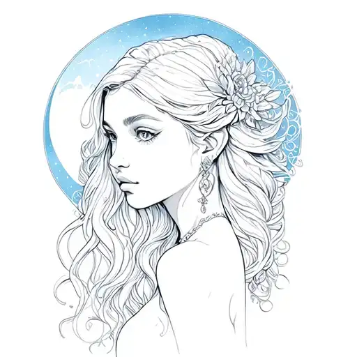 profile Selene with long hair and the crescent moon in the background tattoo design idea