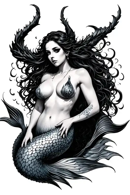 evil mermaid topless tattoo design idea