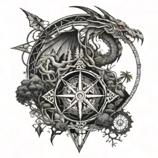 Geometric dragon with compass tree of life and broken chains with landscapes of Venezuela tattoo design idea