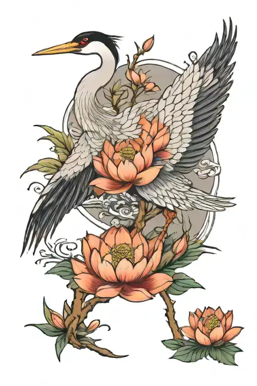 crane standing with lotus and water lilys surrounding tattoo design idea