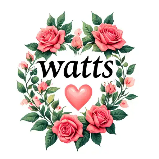 the name watts with a nice design around it with roses and a heart with the name watts being more visible and readable tattoo design idea