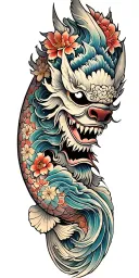 flowers oni demon mask koi fish waves skin breaks loose tattoo design idea