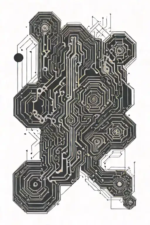 "Futuristic tattoo design with bold black geometric shapes and intricate circuit-like lines. It flows down the leg from  tattoo design idea