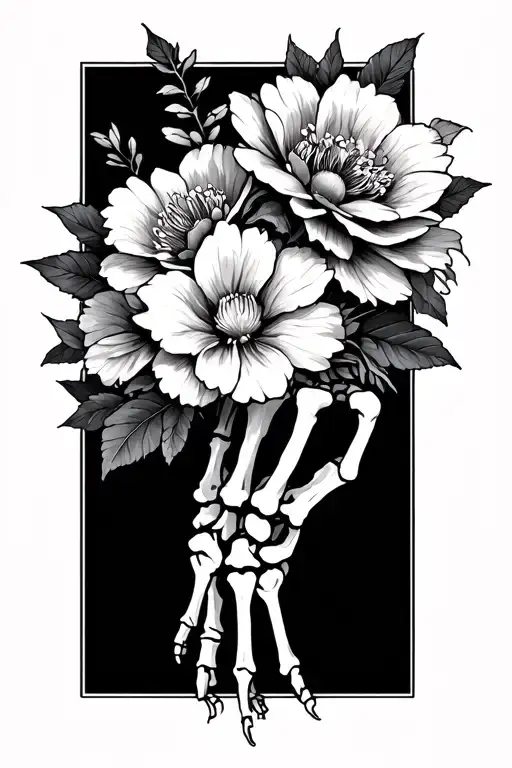 Skeleton hand with Japanese death flower bouquet tattoo design idea