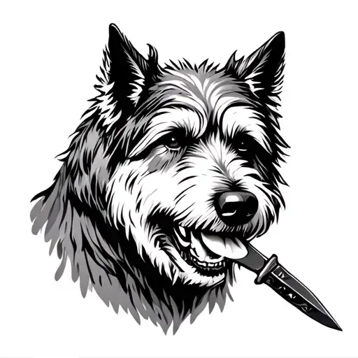 Irish wolfhound with knife in it's mouth tattoo design idea