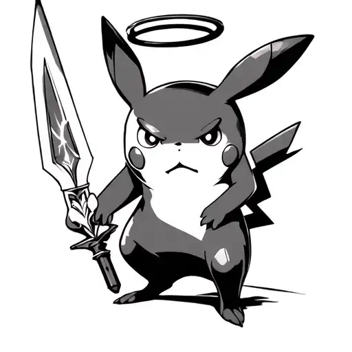 angry Pikachu with a halo energy sword in hand tattoo design idea