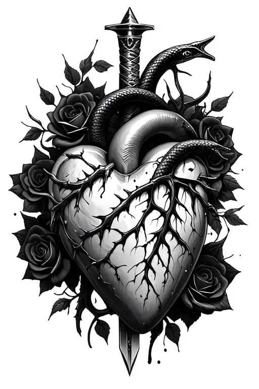 A dagger piercing a realistic bleeding human heart ensnared by black roses with thorns. Add a black mamba around all tattoo design idea