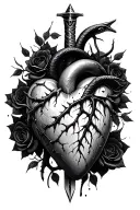 A dagger piercing a realistic bleeding human heart ensnared by black roses with thorns. Add a black mamba around all tattoo design idea