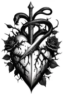 A dagger piercing a realistic bleeding human heart ensnared by black roses with thorns. Add a black mamba around all tattoo design idea