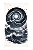 Black and grey sleeve: spiral galaxy above ocean waves, smooth transition, elegant and dark realism. tattoo design idea