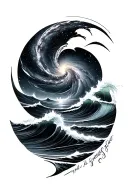 Black and grey sleeve: spiral galaxy above ocean waves, smooth transition, elegant and dark realism. tattoo design idea