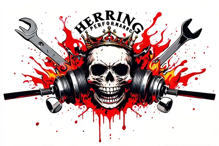 "HERRING PERFORMANCE" SKULL, DAPPER, SUGAR SKULL, TURBOCHARGER, FIRE, WRENCH, SMOKE, CROWN,  tattoo design idea