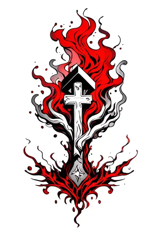 leg sleeve with crosses, smoke rising, and red shading tattoo design idea