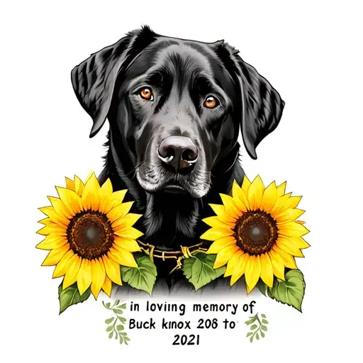black lab with sunflower and a statment "in loving memory of buck knox 2008 to 2021" tattoo design idea