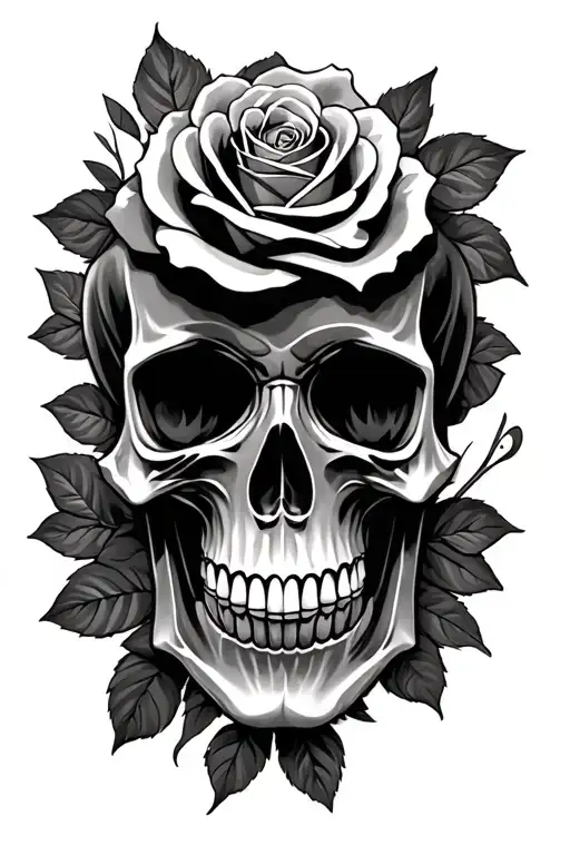 metal skull and roses tattoo design idea