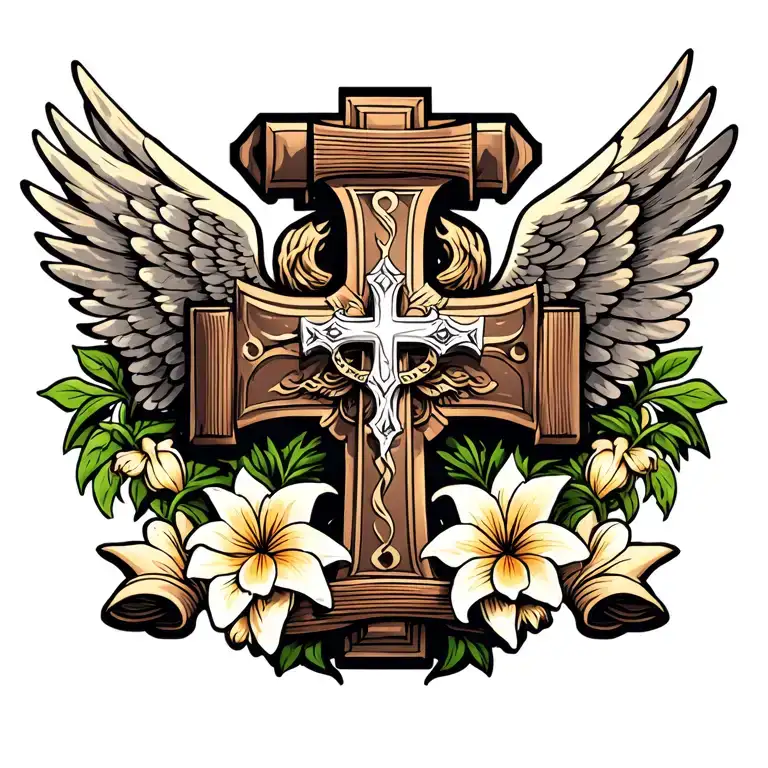 ornate Scottish cross with spread angel wings in the background, lilies, and a scroll banner on each side of the cross tattoo design idea