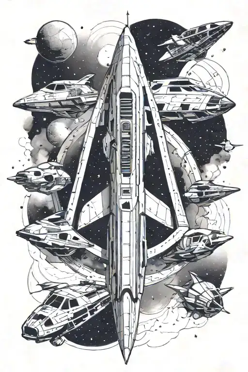 An intricate design featuring iconic Star Wars spaceships in a dotwork style tattoo design idea
