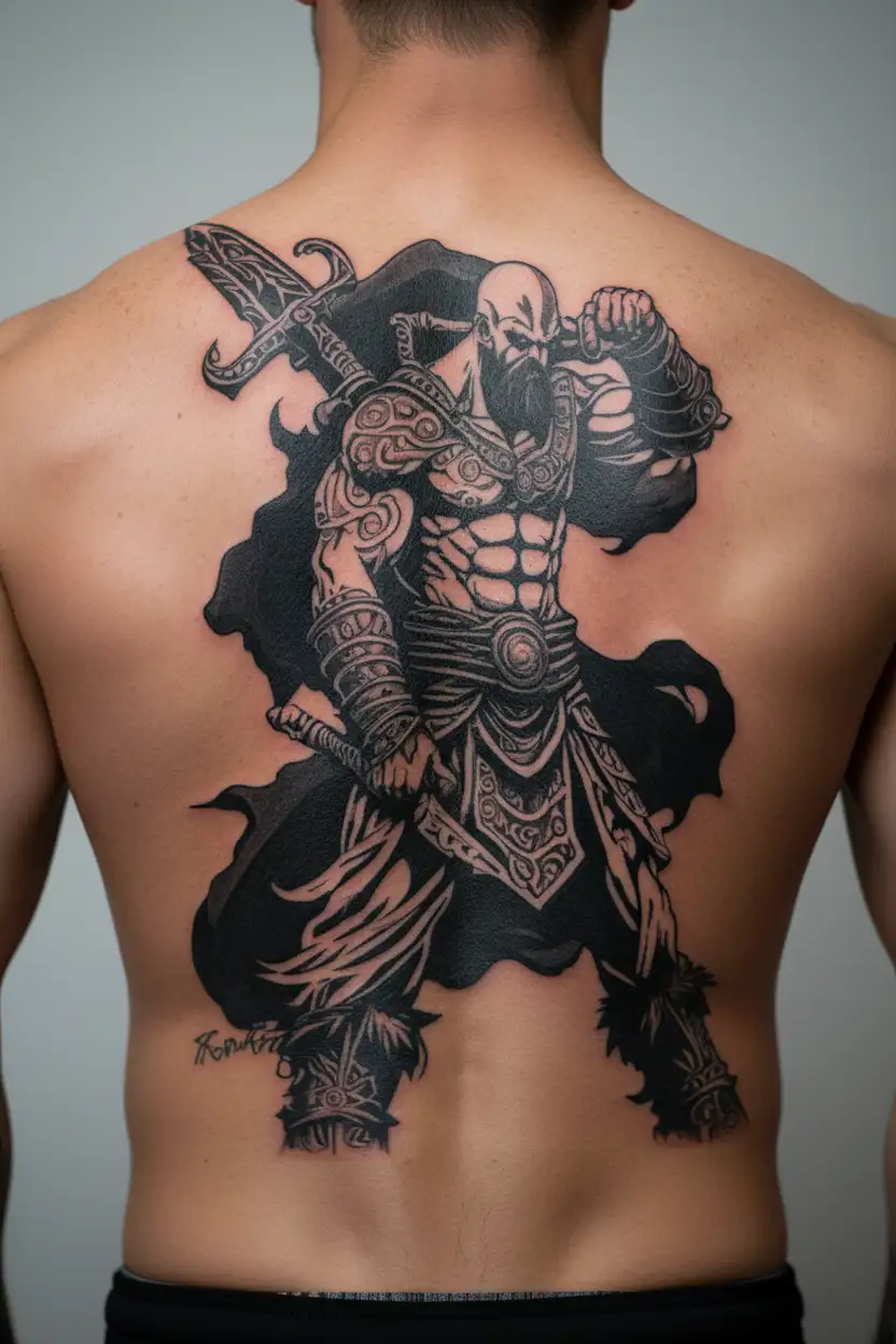 Kratos from god of war standing in front of all of the gods he killed tattoo design idea