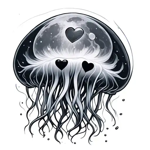 a moon jellyfish with a heart as one of its four lobes  tattoo design idea